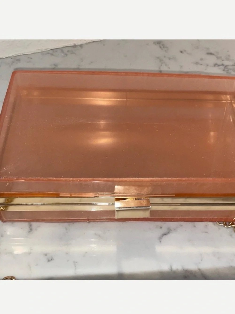 Peach Rose Gold Resin Clutch Handbag with a Gold Long Chain and Frame